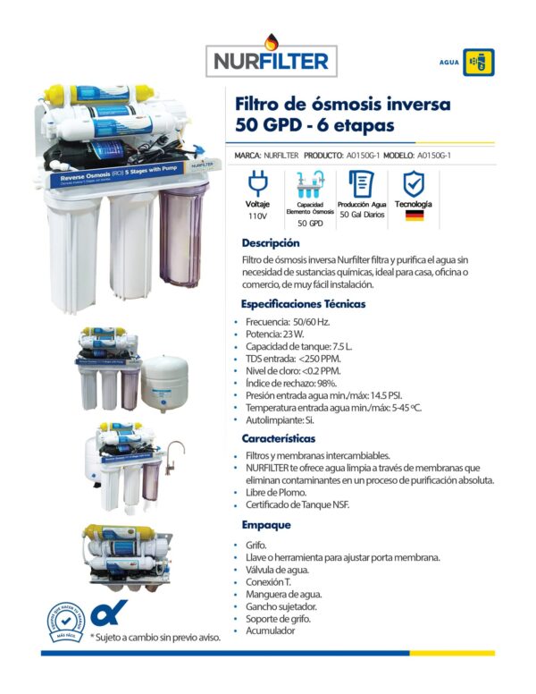 Filtro para agua ósmosis inversa 5 etapas 50 gpd