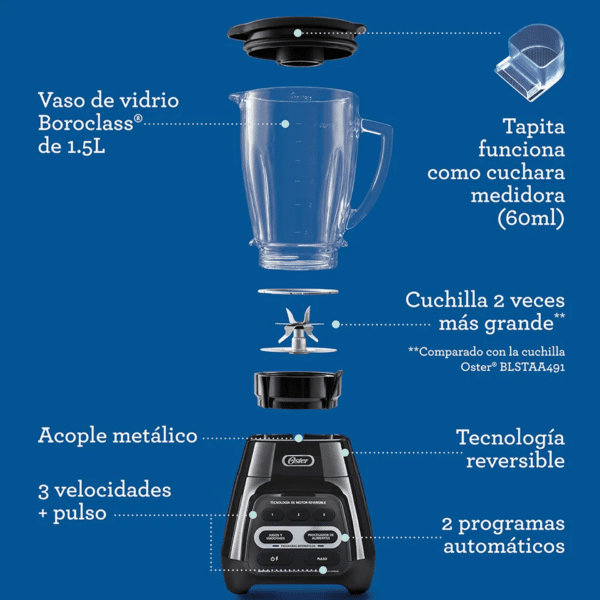 Licuadora Reversible 3 Vel 600 W Vaso Vidrio Oster Negro