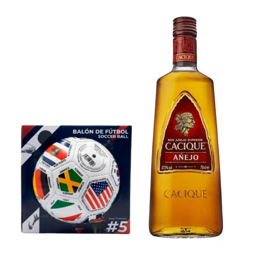 Ron Cacique Añejo 750ml + Balón De Fútbol No.5 + Caja Exhibidora